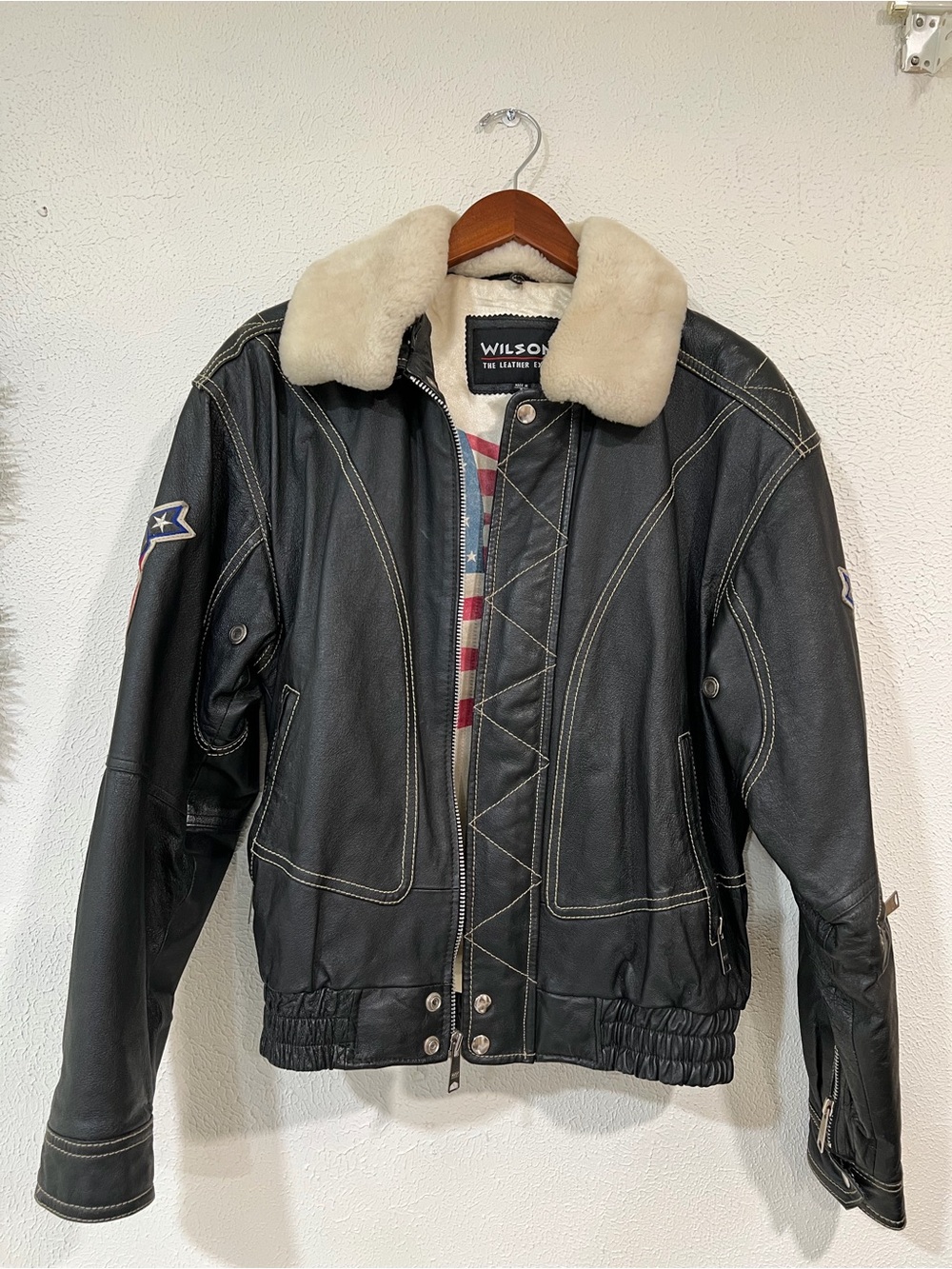 Wilson Black Leather Bomber Jacket with Cream Shearling Collar